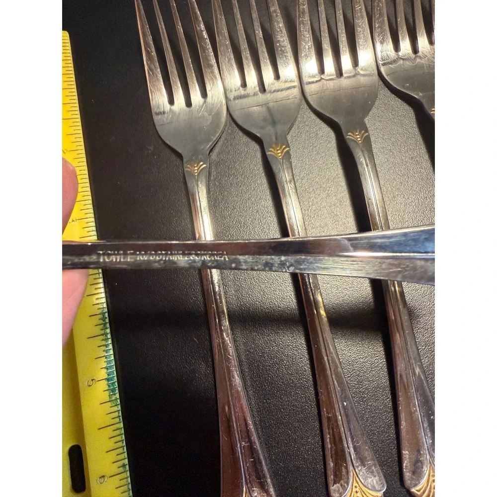 Towle Santa Barbara Salad Forks Set of 6 Stainless Steel‎ Gold Accent 7 Inch